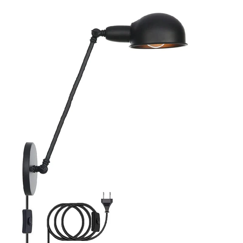 Applique Murale Vintage Noire avec Interrupteur, Lampe de Murale Réglable avec Prise Abat-Jour en Métal Pivotant Lampe de Lecture Murale avec Câble, E27 Lampe de Industrielle Intérieure Chambre Salon