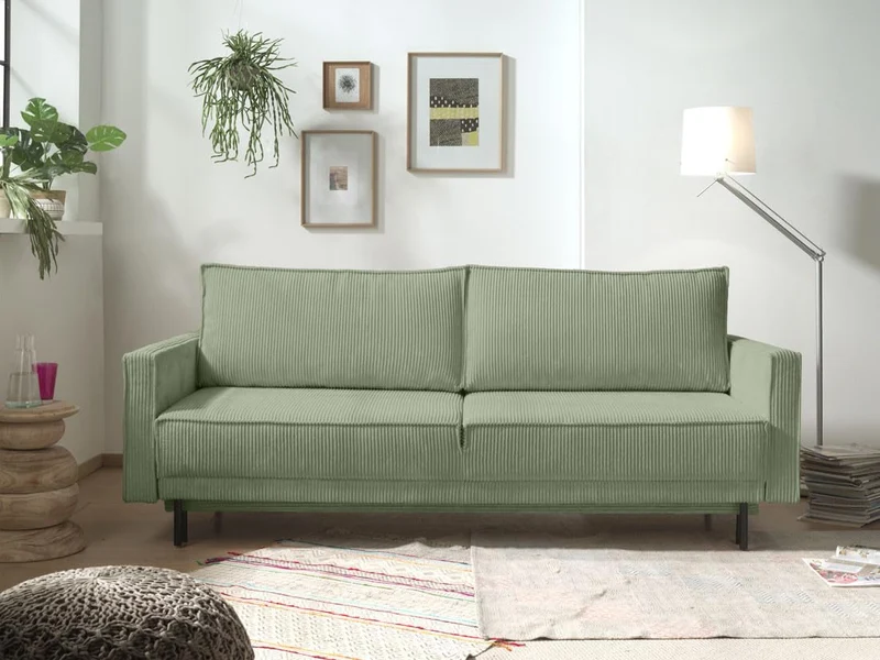 Lisa Design - Canapé Convertible avec Coffre Charlie en Velours Côtelé - Canapé Lit - Sofa Vert Sauge 3 Places - Salon
