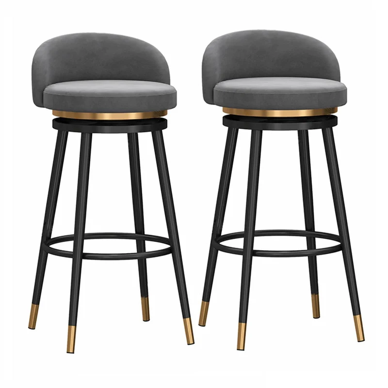 Lot de 2 tabourets de bar pivotants avec dossier rembourré à 360° en velours - Hauteur de comptoir - Tabourets de cuisine et de petit-déjeuner - Pieds en métal doré - Gris - 65 cm