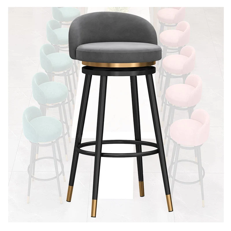 Lot de 2 tabourets de bar pivotants avec dossier rembourré à 360° en velours - Hauteur de comptoir - Tabourets de cuisine et de petit-déjeuner - Pieds en métal doré - Gris - 65 cm