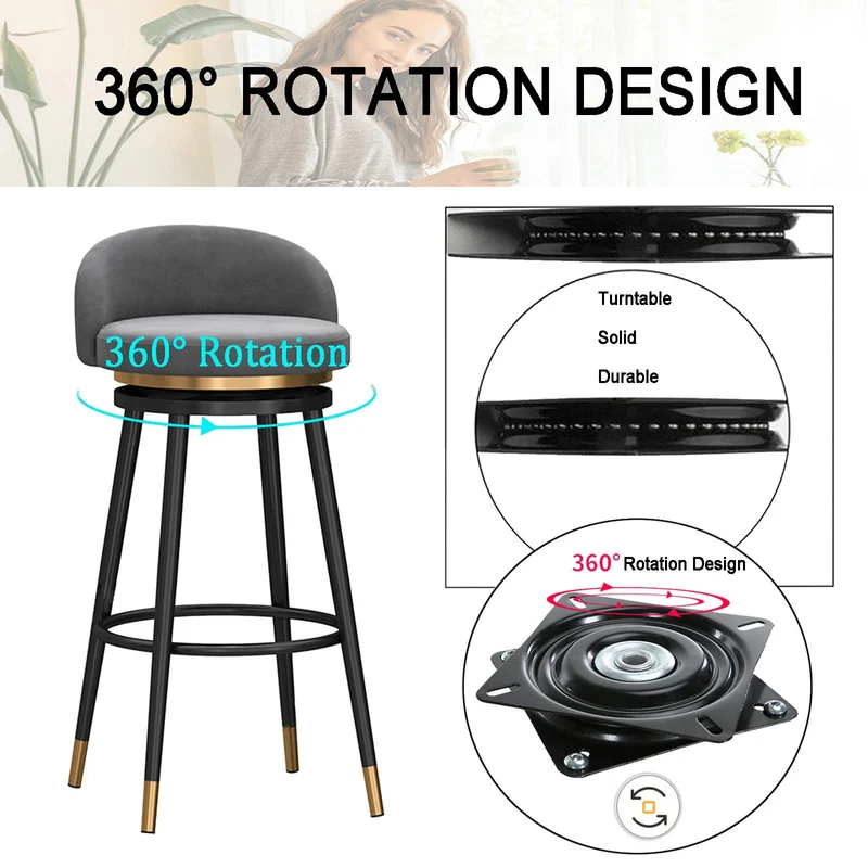 Lot de 2 tabourets de bar pivotants avec dossier rembourré à 360° en velours - Hauteur de comptoir - Tabourets de cuisine et de petit-déjeuner - Pieds en métal doré - Gris - 65 cm