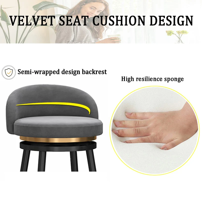 Lot de 2 tabourets de bar pivotants avec dossier rembourré à 360° en velours - Hauteur de comptoir - Tabourets de cuisine et de petit-déjeuner - Pieds en métal doré - Gris - 65 cm