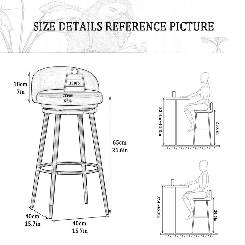 Lot de 2 tabourets de bar pivotants avec dossier rembourré à 360° en velours - Hauteur de comptoir - Tabourets de cuisine et de petit-déjeuner - Pieds en métal doré - Gris - 65 cm