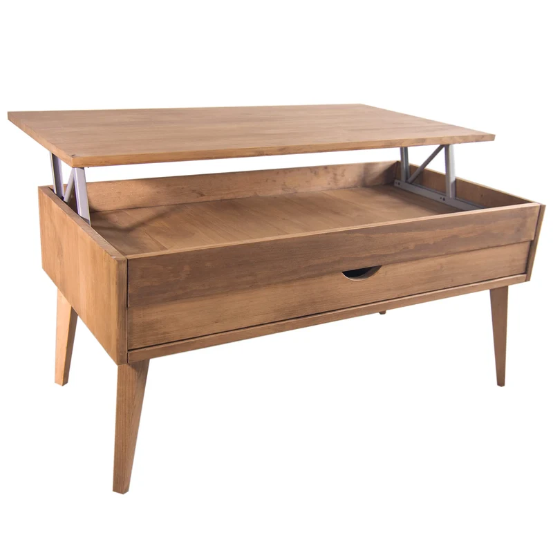 LoMasCasa Sonka Table basse relevable avec tiroir coulissant en bois naturel massif Disponible en couleur bois avec pied conique 100 x 50 x 48 cm