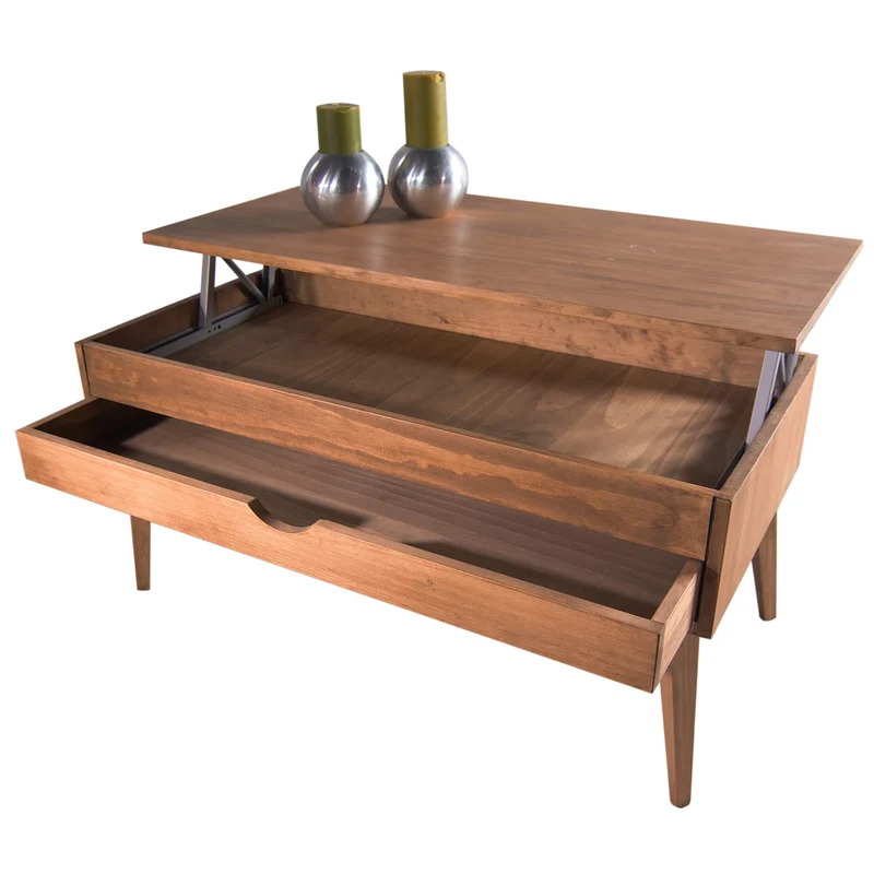 LoMasCasa Sonka Table basse relevable avec tiroir coulissant en bois naturel massif Disponible en couleur bois avec pied conique 100 x 50 x 48 cm