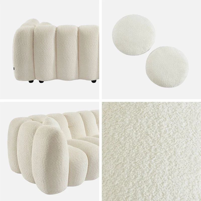 sweeek - Canapé 3 Places Coquillage en Bouclette Blanc L 221 x P 100 x H 76cm - Perla