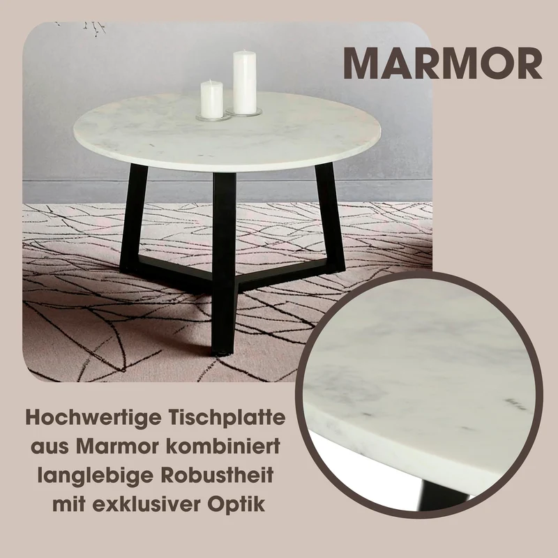 byLIVING Table Basse Cross/Plateau de Table en marbre Blanc/Structure en métal Noir/Table Basse/Table de Salon/Table Ronde/diamètre 75 x Hauteur 46 cm