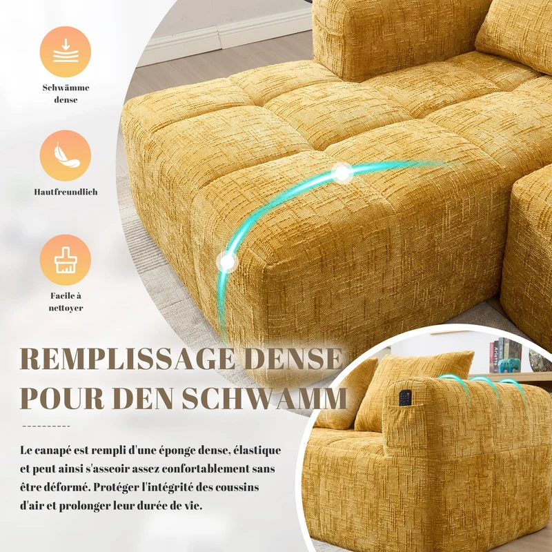 Yihomfy 250cm Canapé d'angle Convertible,Canapé-lit d'angle modulable en Forme de L,Canape Compressé,Canapé 3 Places Modulable avec Coussins, Poche Latérale,Canapé 2 Places + Coin Méridienne,Jaune