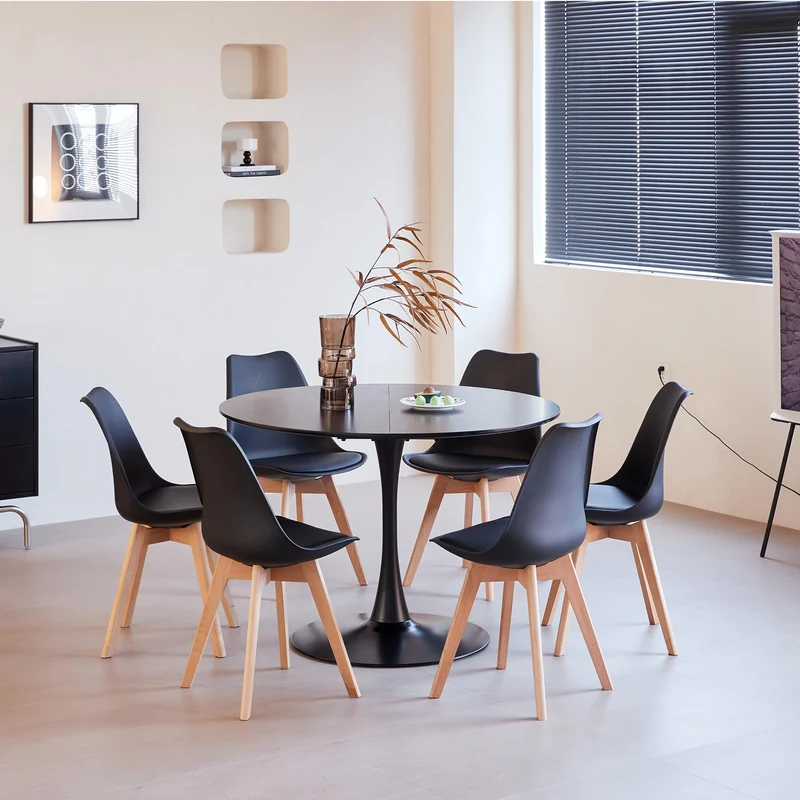 GrandCA HOME Table de Salle à Manger Ronde Moderne Noir de 110 cm avec Piédestal Design Tulipe, Table de Loisirs Mid-Century pour Cuisine, Salle à Manger et Salon