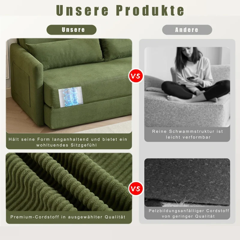 Canapé convertible 165 x 92 x 82 cm, canapé lit 2 places avec matelas en mousse, tissu velours côtelé, canapé compressible pliable 2 en 1 avec poches latérales - Idéal pour les petits espaces, Vert