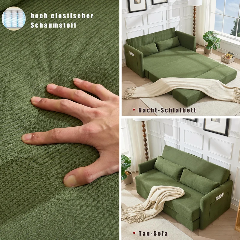 Canapé convertible 165 x 92 x 82 cm, canapé lit 2 places avec matelas en mousse, tissu velours côtelé, canapé compressible pliable 2 en 1 avec poches latérales - Idéal pour les petits espaces, Vert