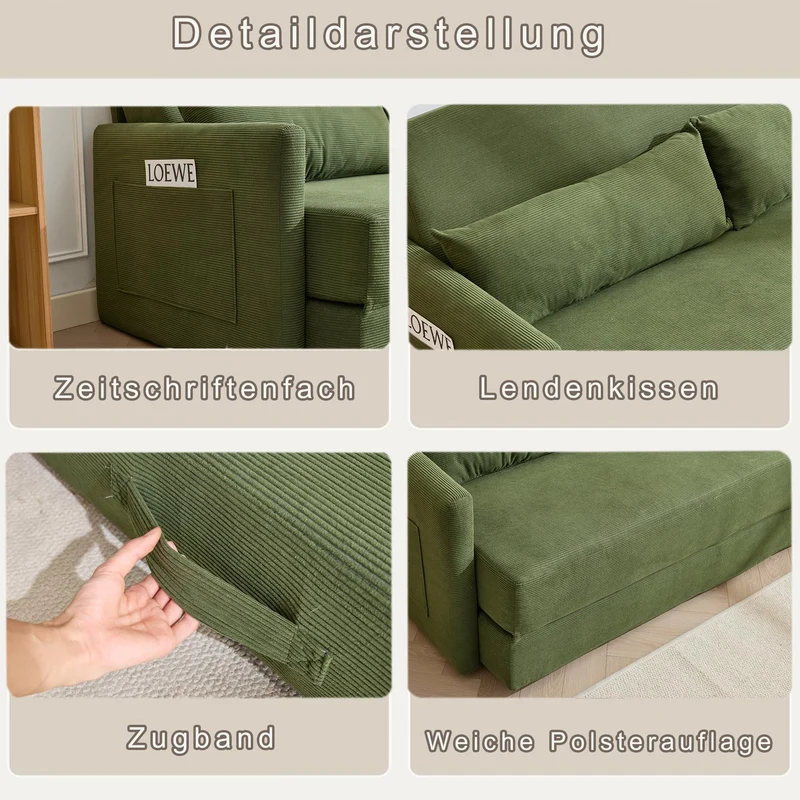 Canapé convertible 165 x 92 x 82 cm, canapé lit 2 places avec matelas en mousse, tissu velours côtelé, canapé compressible pliable 2 en 1 avec poches latérales - Idéal pour les petits espaces, Vert