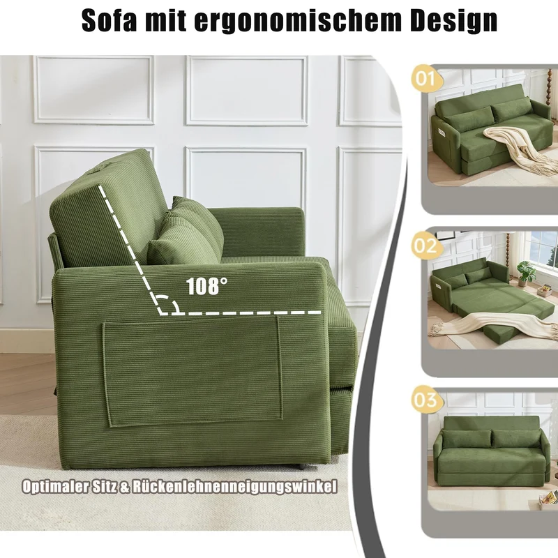 Canapé convertible 165 x 92 x 82 cm, canapé lit 2 places avec matelas en mousse, tissu velours côtelé, canapé compressible pliable 2 en 1 avec poches latérales - Idéal pour les petits espaces, Vert