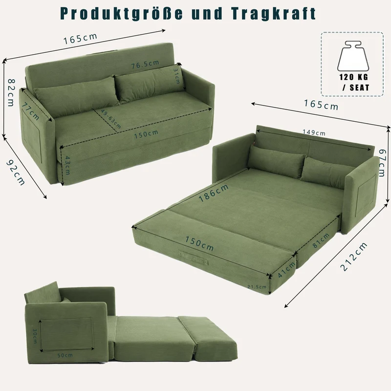 Canapé convertible 165 x 92 x 82 cm, canapé lit 2 places avec matelas en mousse, tissu velours côtelé, canapé compressible pliable 2 en 1 avec poches latérales - Idéal pour les petits espaces, Vert