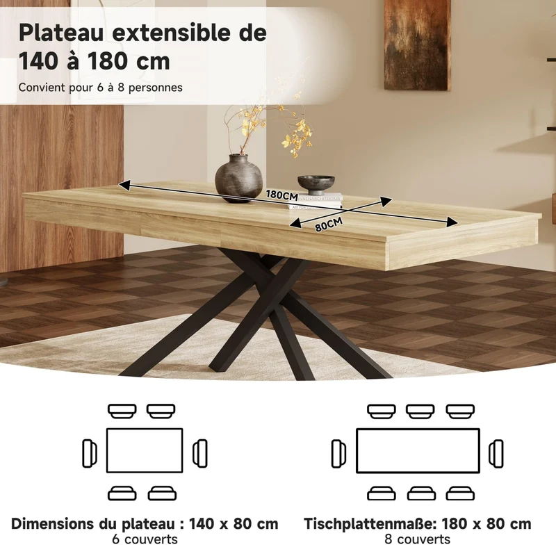 EURHCIO Table à Manger Extensible 140-180x80x76cm,Table Salle à Manger Rectangulaire pour 6 à 8 Personnes,Pieds en Métal,pour Cuisine Salon (Brun)