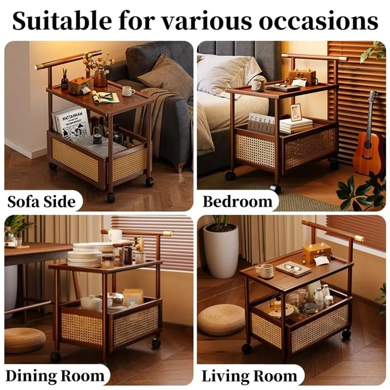 Générique Table d'appoint roulante à roulettes, Table de Chevet en Bambou avec Panier de Rangement, Table d'angle Mobile en rotin Style bohème, Petit Chariot de Rangement pour Salon, Chambre