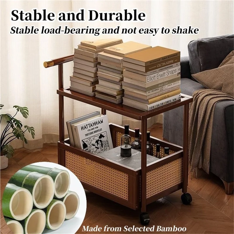 Générique Table d'appoint roulante à roulettes, Table de Chevet en Bambou avec Panier de Rangement, Table d'angle Mobile en rotin Style bohème, Petit Chariot de Rangement pour Salon, Chambre