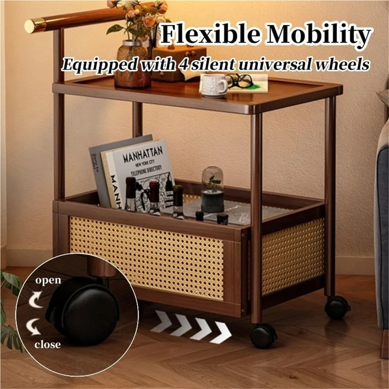 Générique Table d'appoint roulante à roulettes, Table de Chevet en Bambou avec Panier de Rangement, Table d'angle Mobile en rotin Style bohème, Petit Chariot de Rangement pour Salon, Chambre