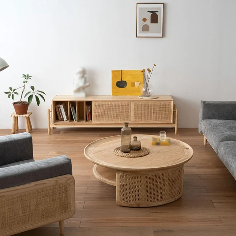 AZZAZETES Table Basse de Salon Table Basse Ronde en Rotin Et Bois Massif, Style Nordique Rétro, for Salon, Canapé Simple Table D'appoint de Canapé