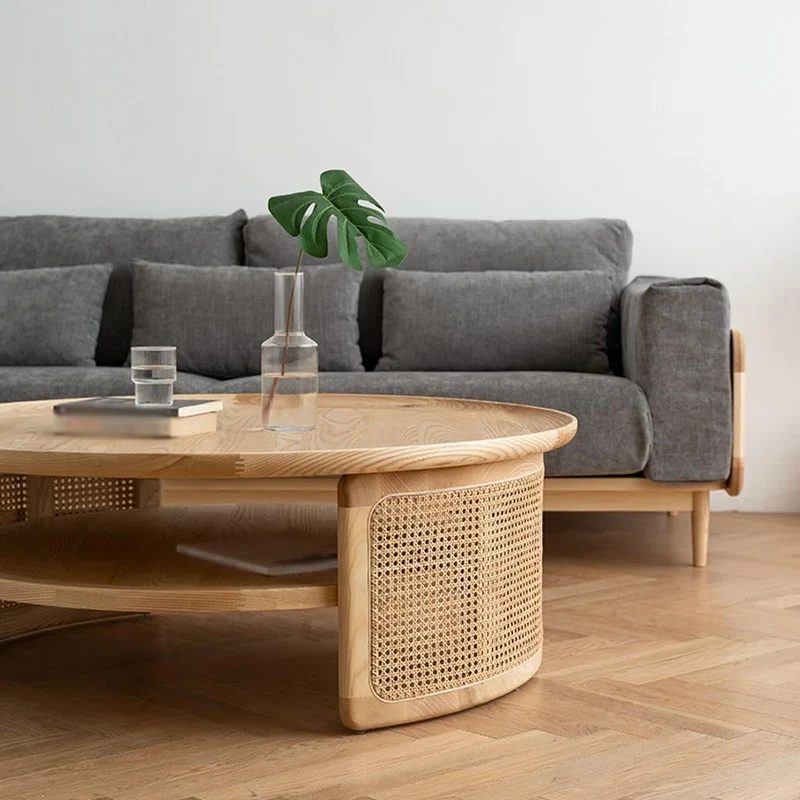 AZZAZETES Table Basse de Salon Table Basse Ronde en Rotin Et Bois Massif, Style Nordique Rétro, for Salon, Canapé Simple Table D'appoint de Canapé