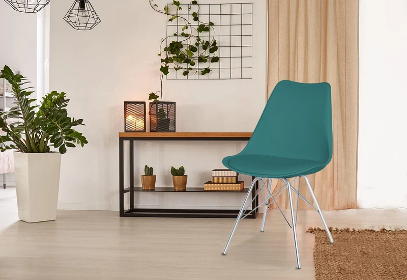 SAMPUR - Chaise Épura Design Rétro Scandinave de Salle à Manger et Bureau | Siège de Salon avec Coussin Intégré | Rembourrée avec Pieds en Acier - Bleu Canard