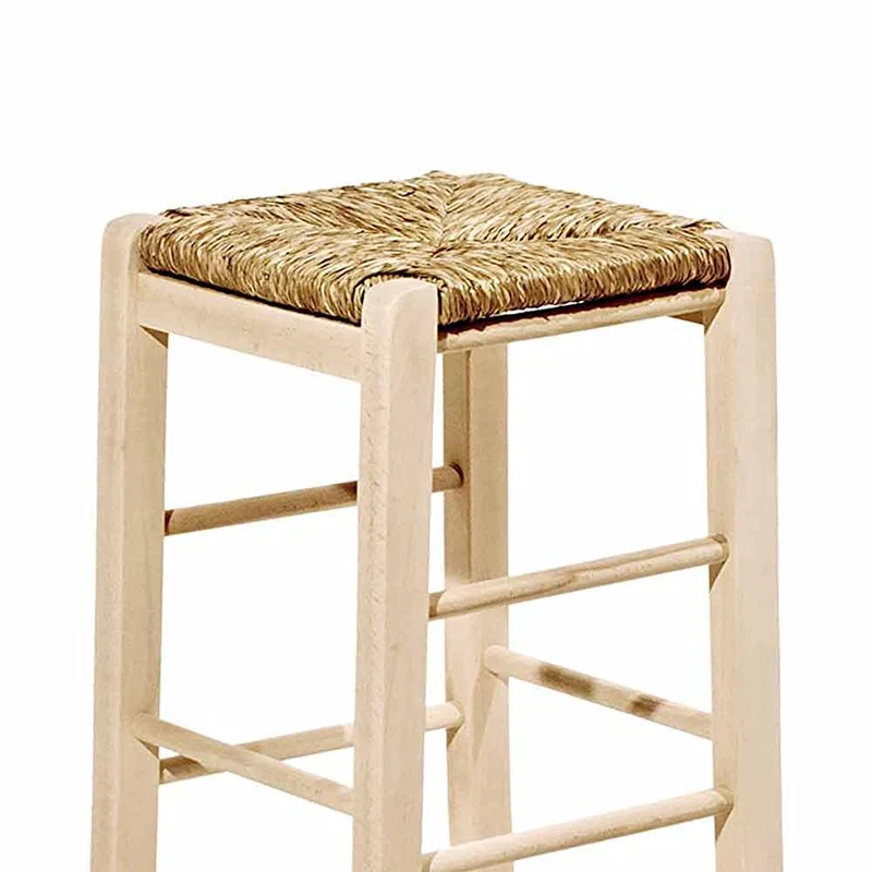 Tabouret carré en bois massif à vernir, de 67 cm de hauteur, avec siège en paille, déjà monté