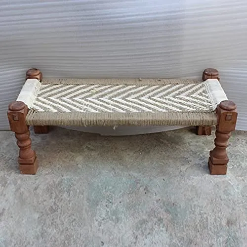A.S Industries Banc indien en bois massif Charpai Khat Manjhi tissé Charpoy Canapé-lit marron blanc pour décoration d'intérieur