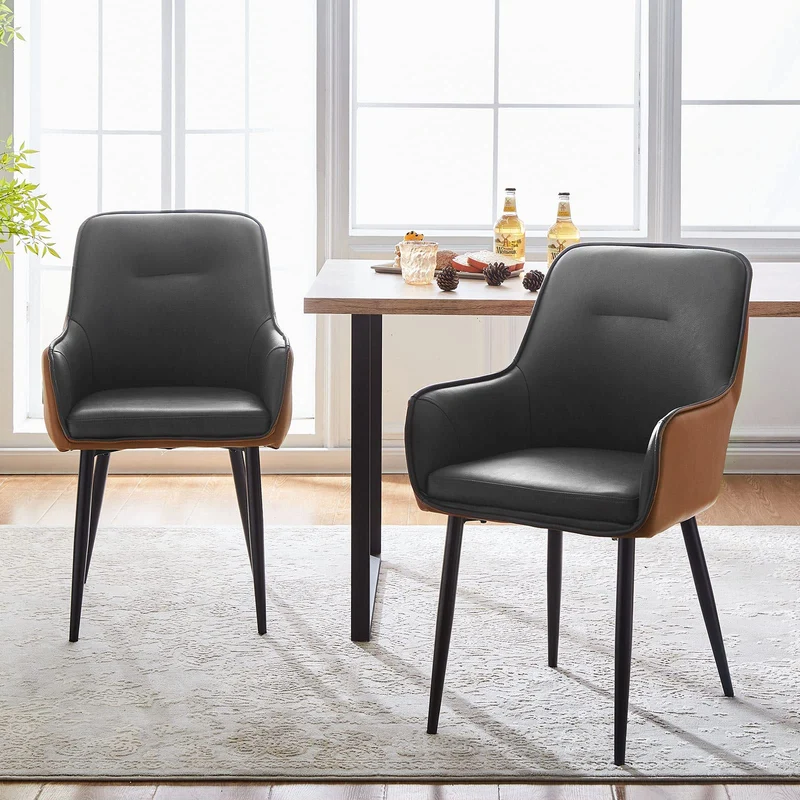 LEMROE Lot de 2 chaises de salle à manger en cuir avec dossier et accoudoirs - Chaises de salle à manger rembourrées avec pieds en métal (gris et marron)