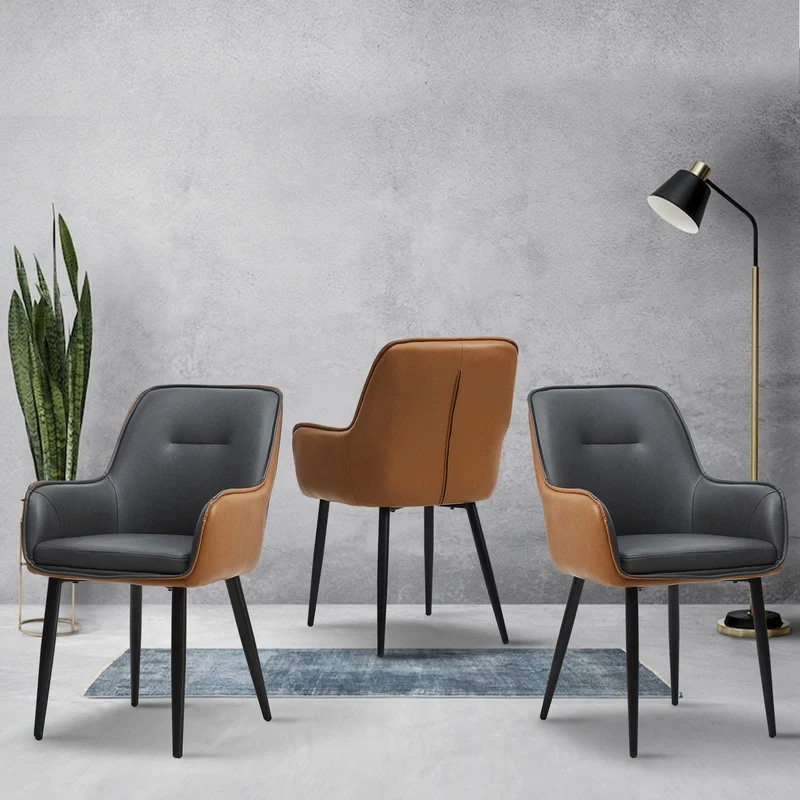 LEMROE Lot de 2 chaises de salle à manger en cuir avec dossier et accoudoirs - Chaises de salle à manger rembourrées avec pieds en métal (gris et marron)