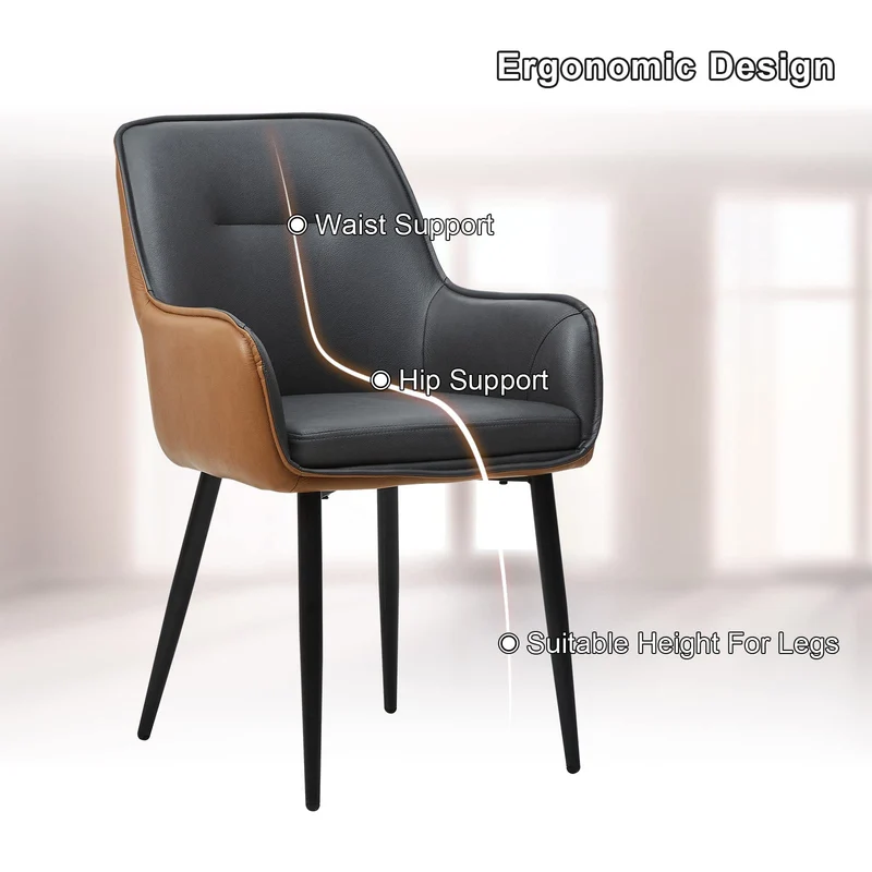 LEMROE Lot de 2 chaises de salle à manger en cuir avec dossier et accoudoirs - Chaises de salle à manger rembourrées avec pieds en métal (gris et marron)