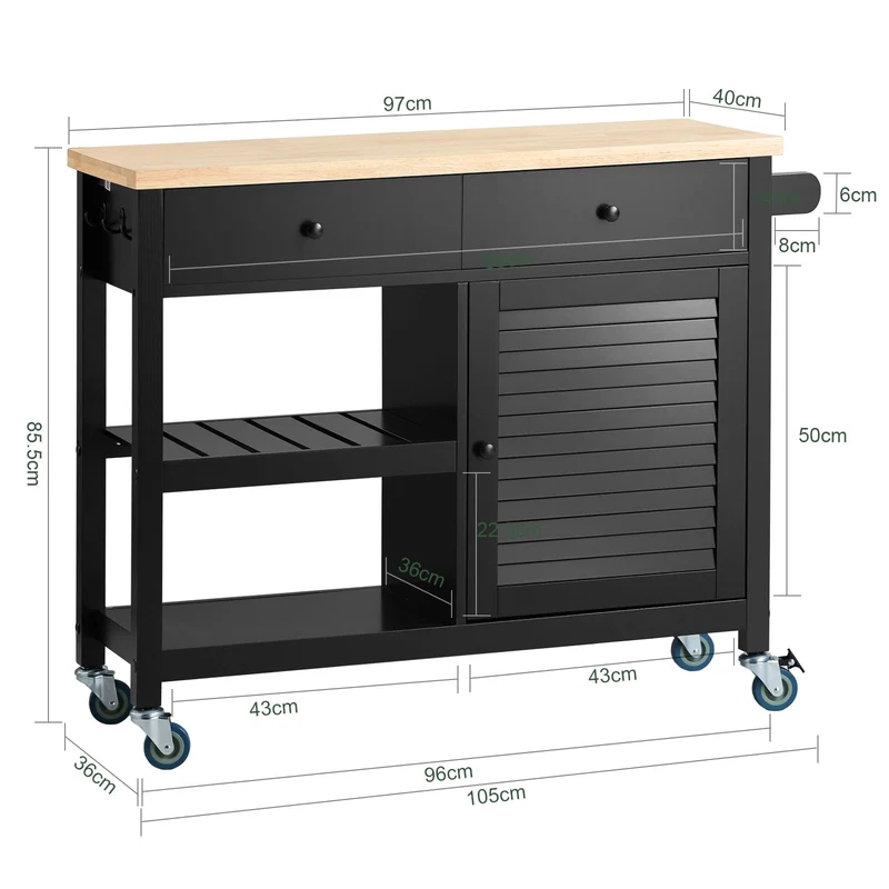 SoBuy Desserte de Cuisine Roulante Chariot de Service Multi-rangements Buffet Armoire de Cuisine, 1 Porte, 1 Grand Tiroir et 3 Crochets, 105x40x85.5 cm, Noir, FKW115-SCH