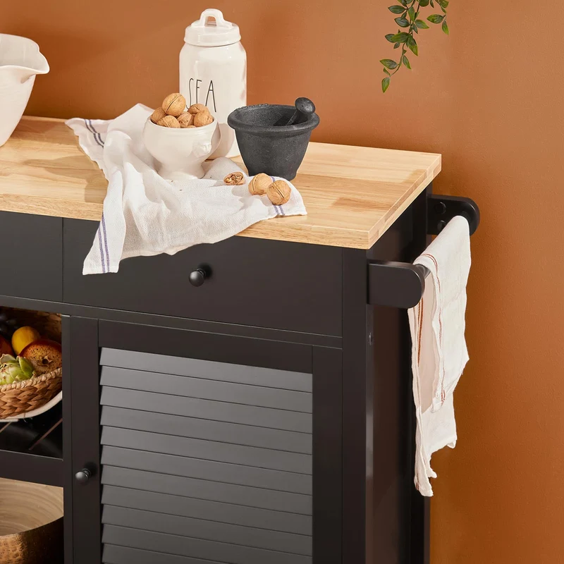 SoBuy Desserte de Cuisine Roulante Chariot de Service Multi-rangements Buffet Armoire de Cuisine, 1 Porte, 1 Grand Tiroir et 3 Crochets, 105x40x85.5 cm, Noir, FKW115-SCH