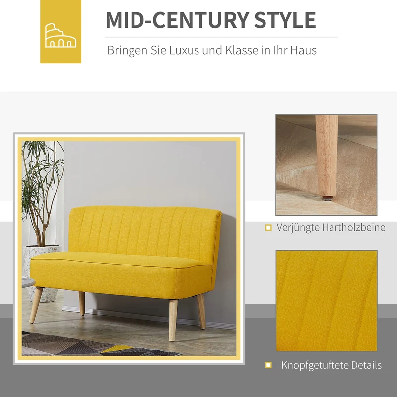 HOMCOM Canapé 2 Places en Tissu Canapé rembourré Canapé Double Siège Canapé Lounge Bois Mousse Jaune 117 x 56,5 x 77 cm