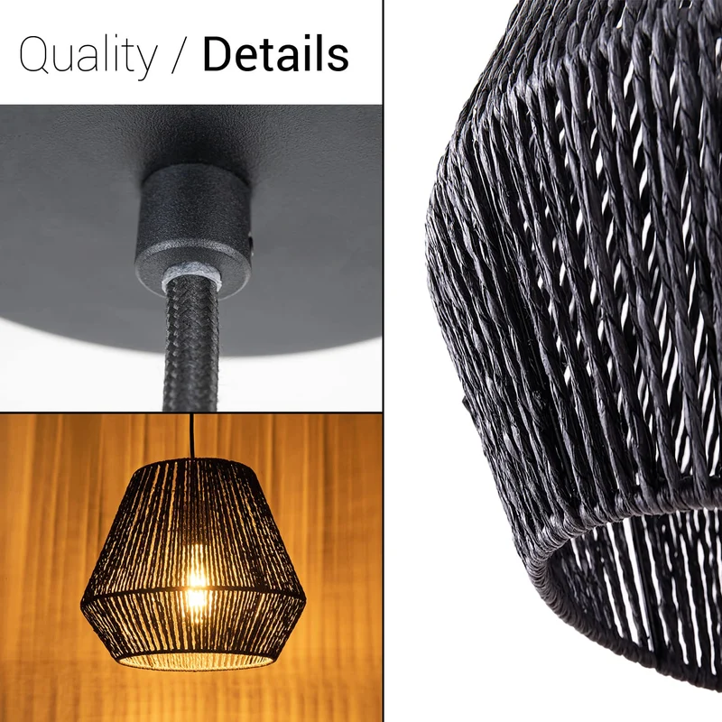Paco Home Suspension Rotin Table À Manger Lampe Suspendue Salle À Manger Lampe E27 Papier Boho, Couleur:Noir (Ø32cm), Type de luminaire___Couleur:Lampe à suspension - Noir
