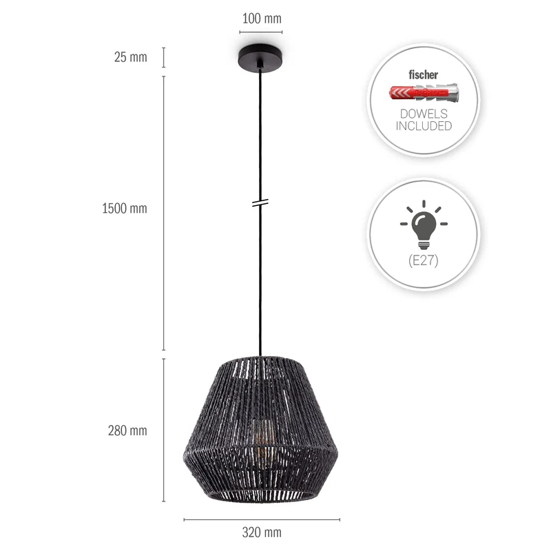 Paco Home Suspension Rotin Table À Manger Lampe Suspendue Salle À Manger Lampe E27 Papier Boho, Couleur:Noir (Ø32cm), Type de luminaire___Couleur:Lampe à suspension - Noir