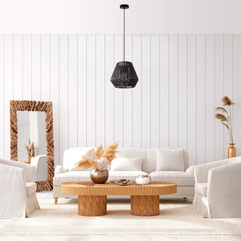 Paco Home Suspension Rotin Table À Manger Lampe Suspendue Salle À Manger Lampe E27 Papier Boho, Couleur:Noir (Ø32cm), Type de luminaire___Couleur:Lampe à suspension - Noir