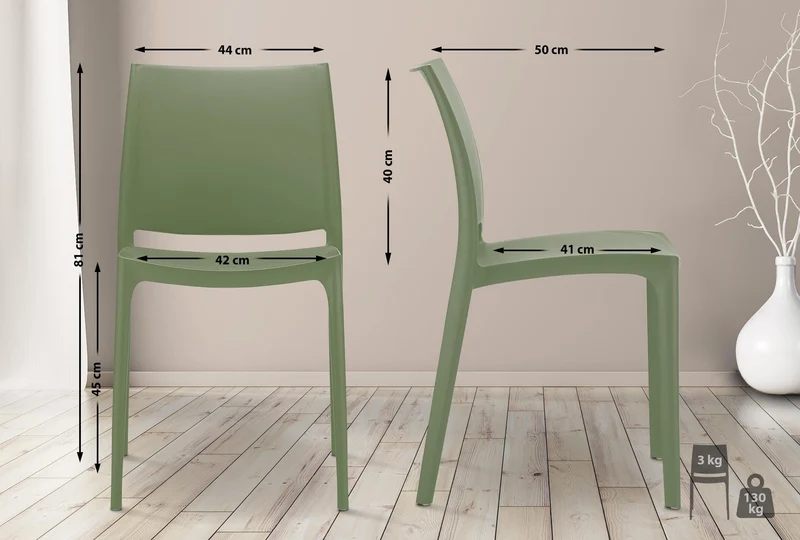 Chaise D'Extérieur Empilable Maya en Plastique I Chaise De Balcon Résistante Aux UV I Siege De Terrasse Hydrofuge, Couleur:Olive