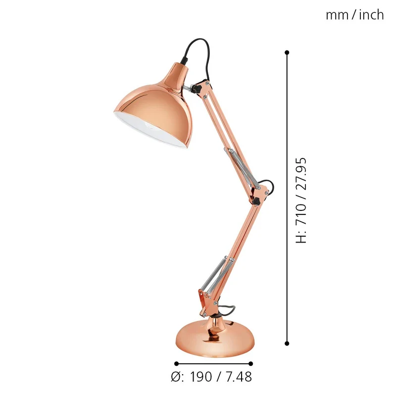 Eglo Lampe de table Borgillio, lampe de bureau à flamme au design industriel, lampe de chevet en acier, couleur : cuivre, douille : E27, interrupteur inclus