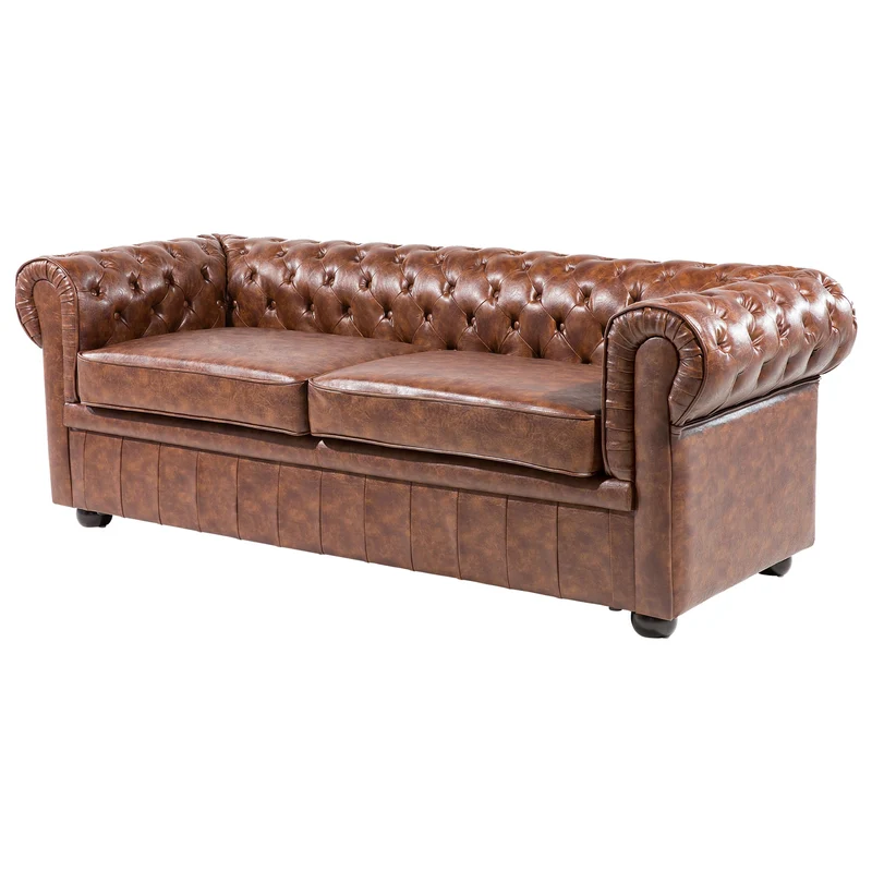Canapé 3 Places en Cuir PU Marron Doré Assise Rembourrée Large Dossier Chesterfield