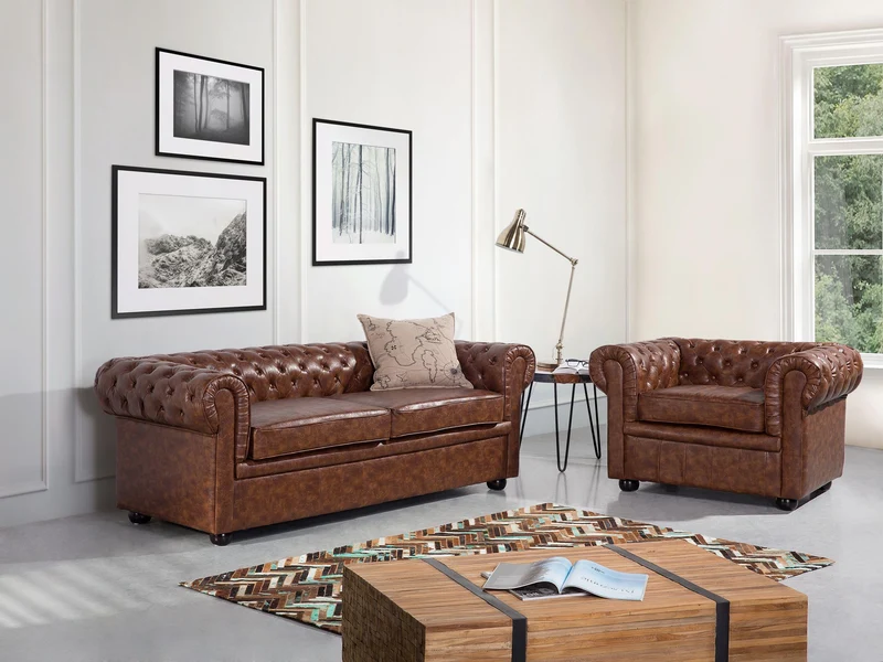 Canapé 3 Places en Cuir PU Marron Doré Assise Rembourrée Large Dossier Chesterfield