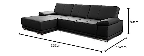 CAVADORE Corianne Canapé D’Angle Convertible, en Cuir Véritable, Fonction Couchage Et Accoudoirs Réglables, 282 x 80 x 162 cm, Noir