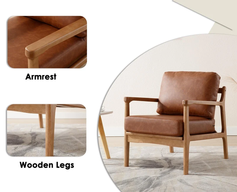 Wahson Fauteuil Salon Confortable Fauteuil Scandinave en Bois Fauteuil en Cuir PU, Fauteuil Loisir Moderne pour Salon et Chambre, Marron