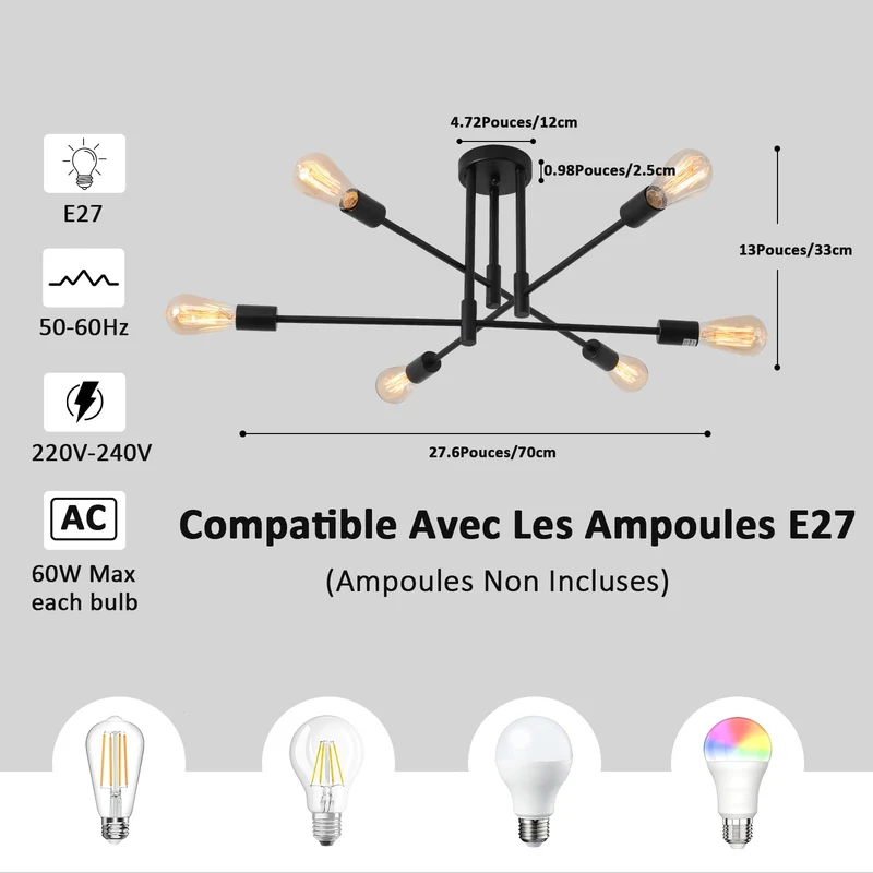 MRHYSWD Luminaire Plafonnier Noir Industriel Vintage Moderne, 6 LumièRes De Lustre Plafonnier Spoutnik E27 Chambre Salon Salle De Bain Cuisine Couloir Salle à Manger Paille Entree, Sans Ampoules