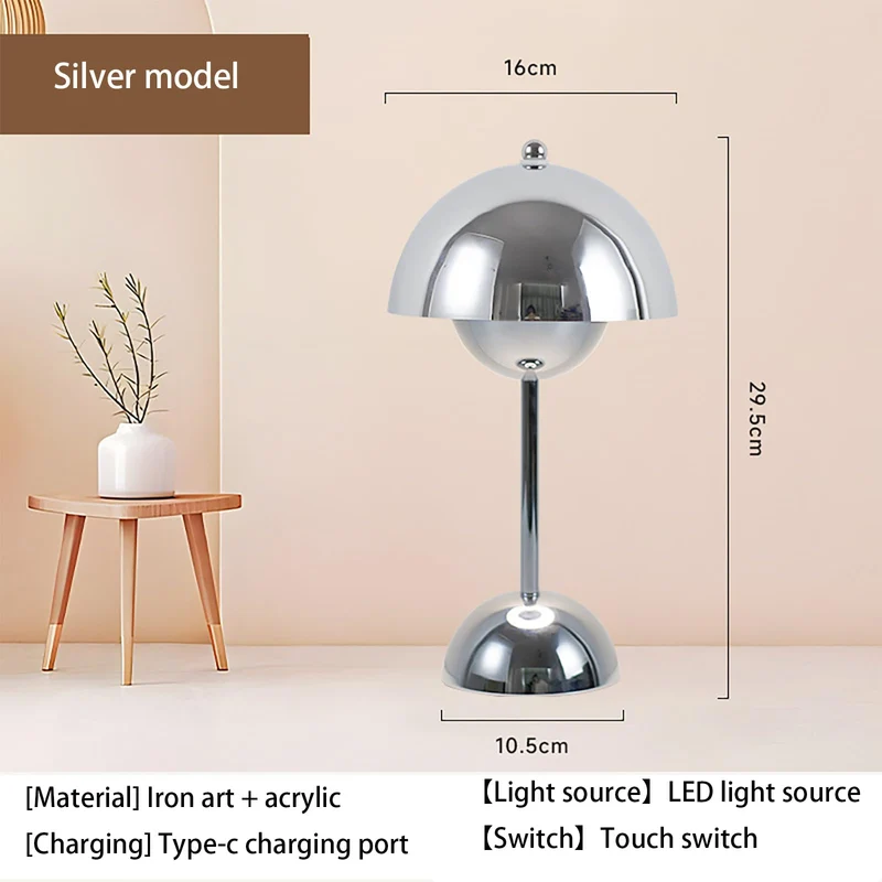 Hryx Lampe Champignon，Lampe De Chevet avec Contrôle Tactile, Lampe De Table en Champignon Dimmable Argent avec ，Chambre À Coucher, Salon, Étude, Chambre d'enfant, Bureau,B