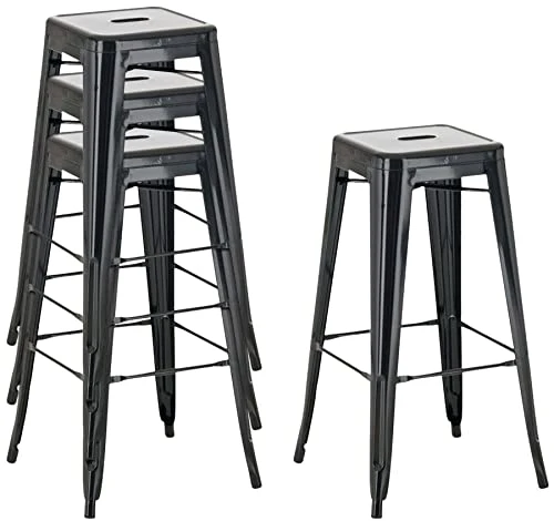 CLP Tabouret de Bar Joshua - Tabouret de Bar Industriel Empilable et Robuste - Repose-Pied Structure à 4 Pieds - Hauteur Siège 77 cm - Couleurs, Couleur:Noir