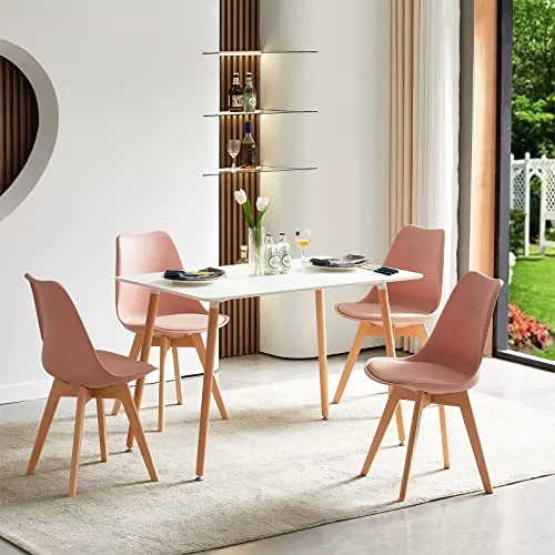 EGGREE Lot de 4 Chaise Salle à Manger Scandinaves SGS Tested Chaise Rembourrée de Cuisine Rétro Chaise de Bureau avec Pieds en Bois de Hêtre Massif, Rose Fumé