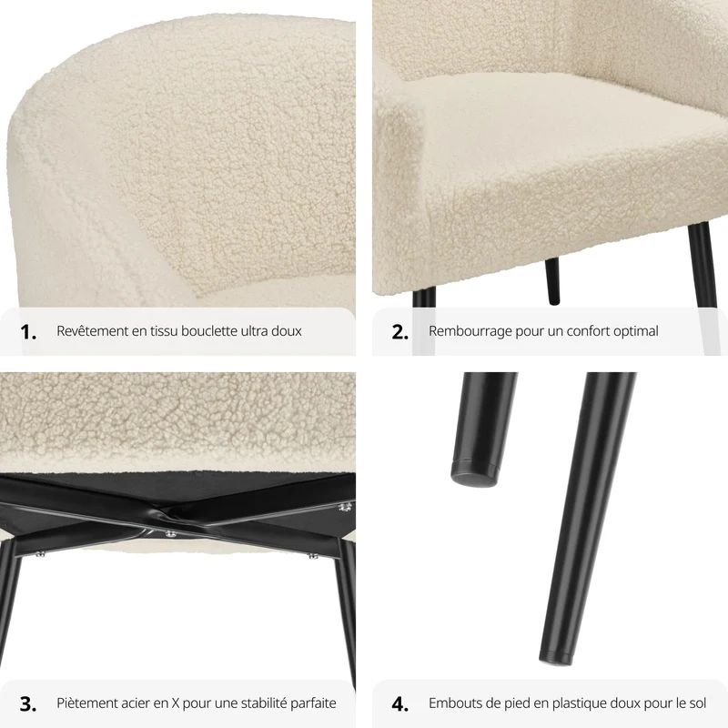 TecTake® Fauteuil Relax Fauteuil Club Confortable en Tissu Bouclette Fauteuil Scandinave Moelleux avec Accoudoirs pour Salle à Manger, Salon, Chambre, Chaise Bureau, Allaitement, TV