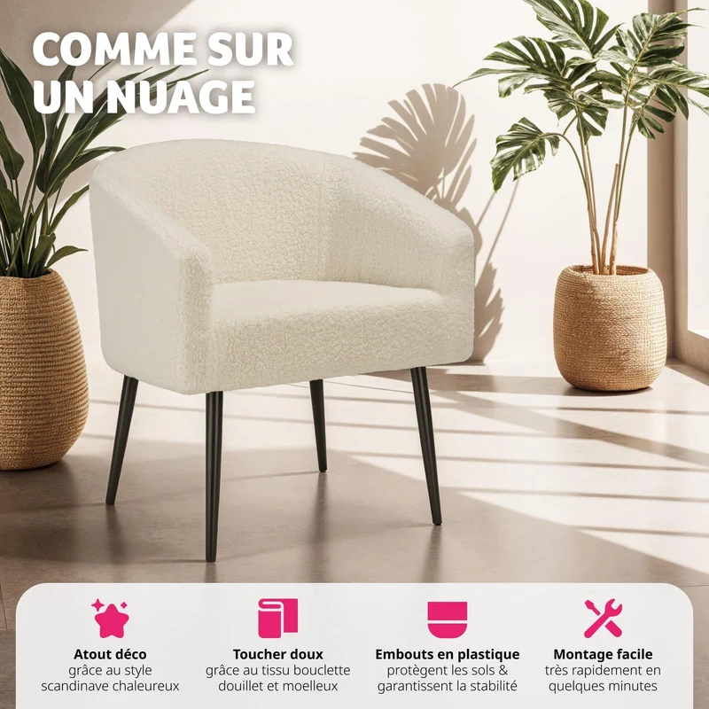 TecTake® Fauteuil Relax Fauteuil Club Confortable en Tissu Bouclette Fauteuil Scandinave Moelleux avec Accoudoirs pour Salle à Manger, Salon, Chambre, Chaise Bureau, Allaitement, TV