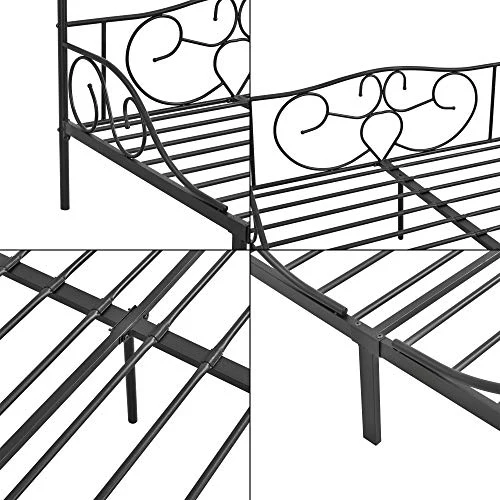 Lit à Baldaquin Design en Métal Solide Lit Double Stylé Lattes Métalliques Acier Laqué 180 x 200 cm Noir Mat
