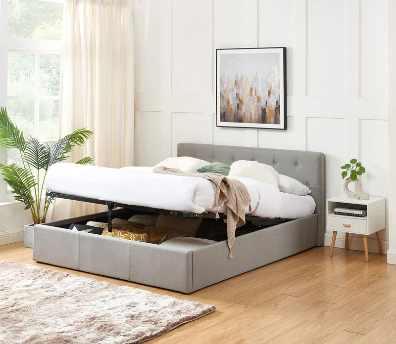 BAÏTA - Lit Coffre Tissu Bahia Gris 160x200 sommier Inclus